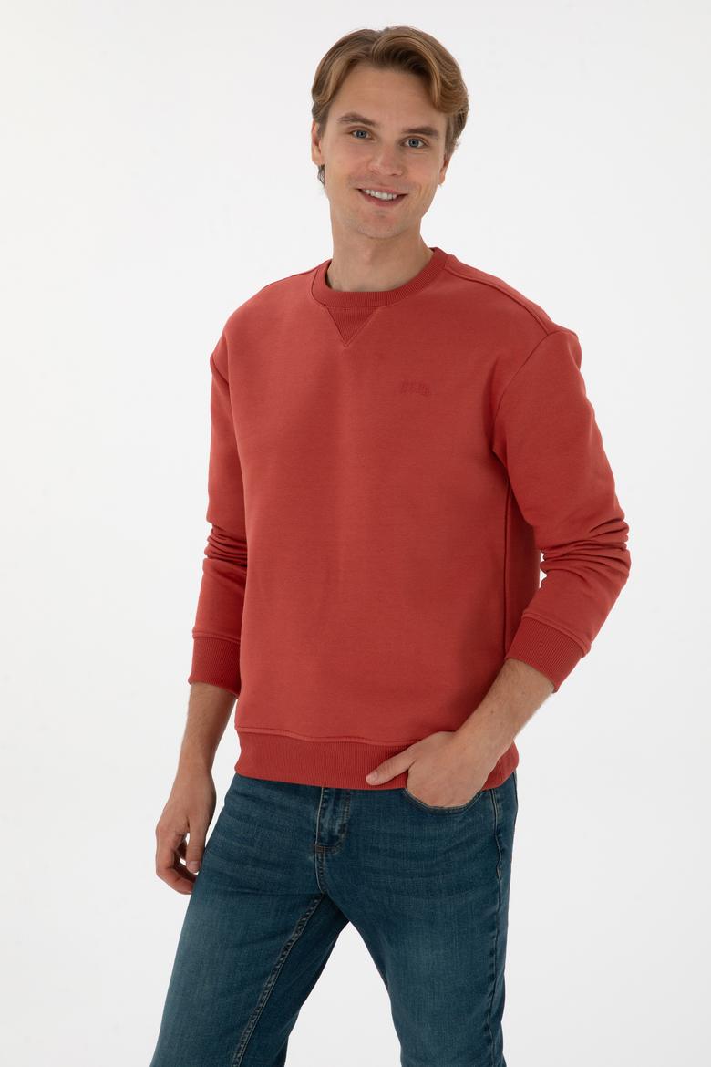 Erkek Comfort Fit Bisiklet Yaka Şardonlu Gül Kurusu Basic Sweatshirt