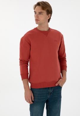 Erkek Comfort Fit Bisiklet Yaka Şardonlu Gül Kurusu Basic Sweatshirt - 50313757218