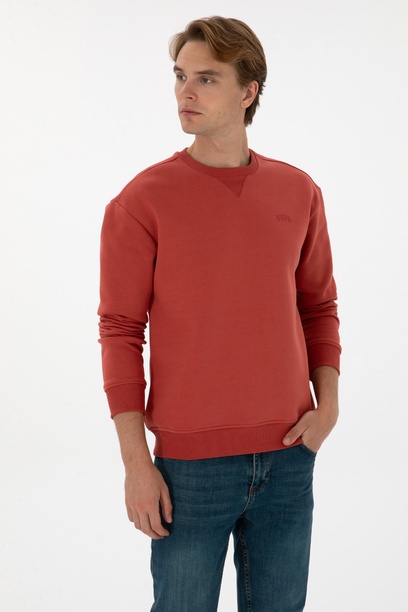 Erkek Comfort Fit Bisiklet Yaka Şardonlu Gül Kurusu Basic Sweatshirt