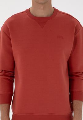 Erkek Comfort Fit Bisiklet Yaka Şardonlu Gül Kurusu Basic Sweatshirt - 50313757218