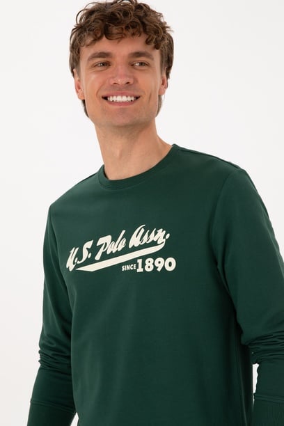 Erkek Bisiklet Yaka Regular Fit Koyu Yeşil İnce Sweatshirt