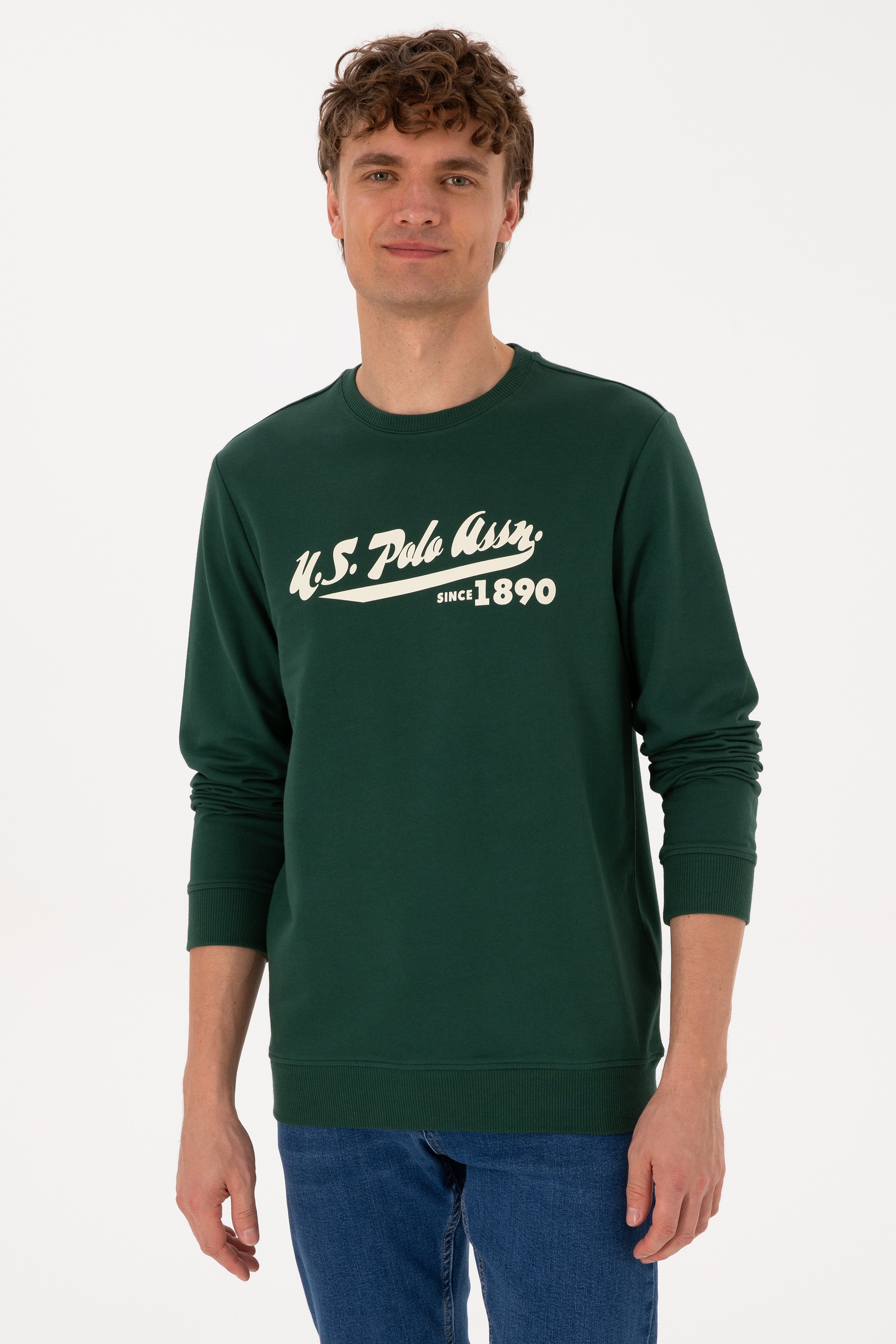 Erkek Bisiklet Yaka Regular Fit Koyu Yeşil İnce Sweatshirt - Image 1