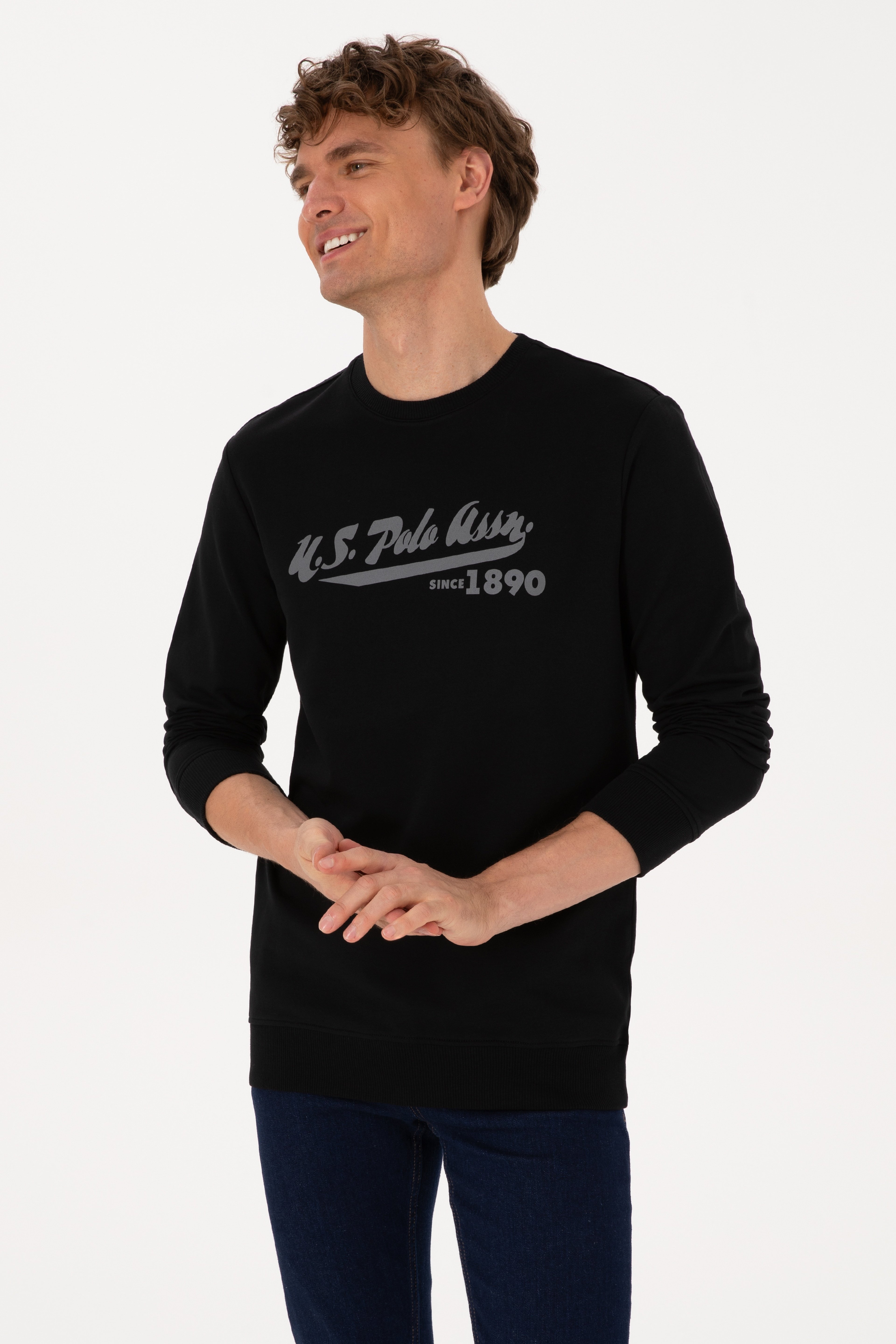 Erkek Bisiklet Yaka Regular Fit Siyah İnce Sweatshirt