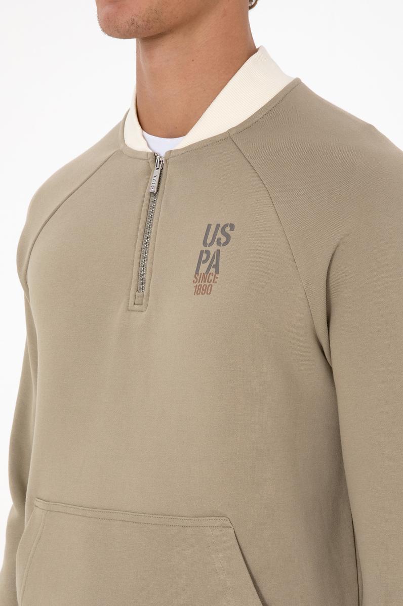 Erkek Yarım Fermuarlı Comfort Fit Açık Haki Basic Sweatshirt