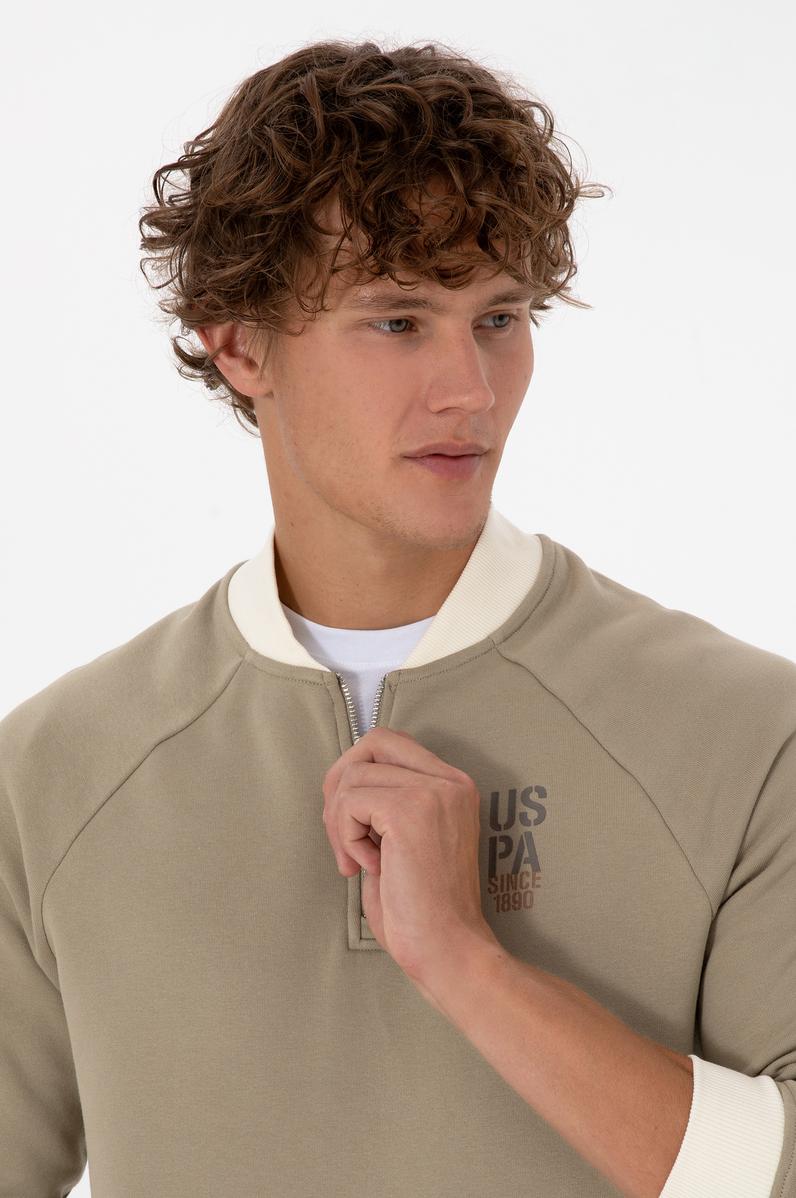 Erkek Yarım Fermuarlı Comfort Fit Açık Haki Basic Sweatshirt