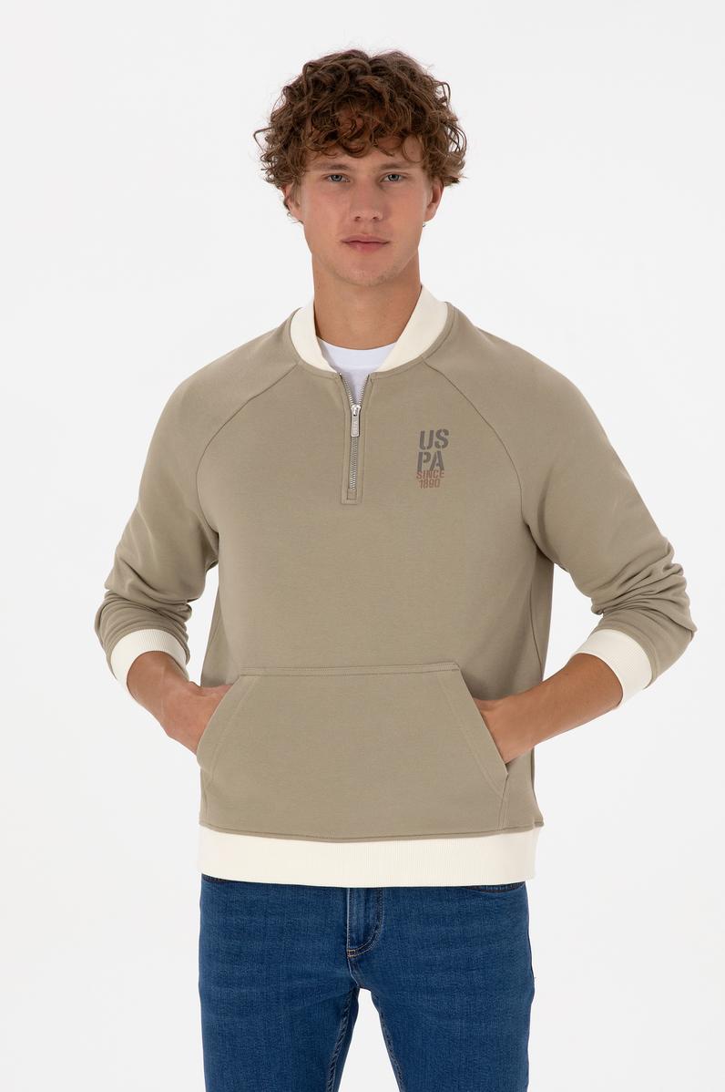 Erkek Yarım Fermuarlı Comfort Fit Açık Haki Basic Sweatshirt