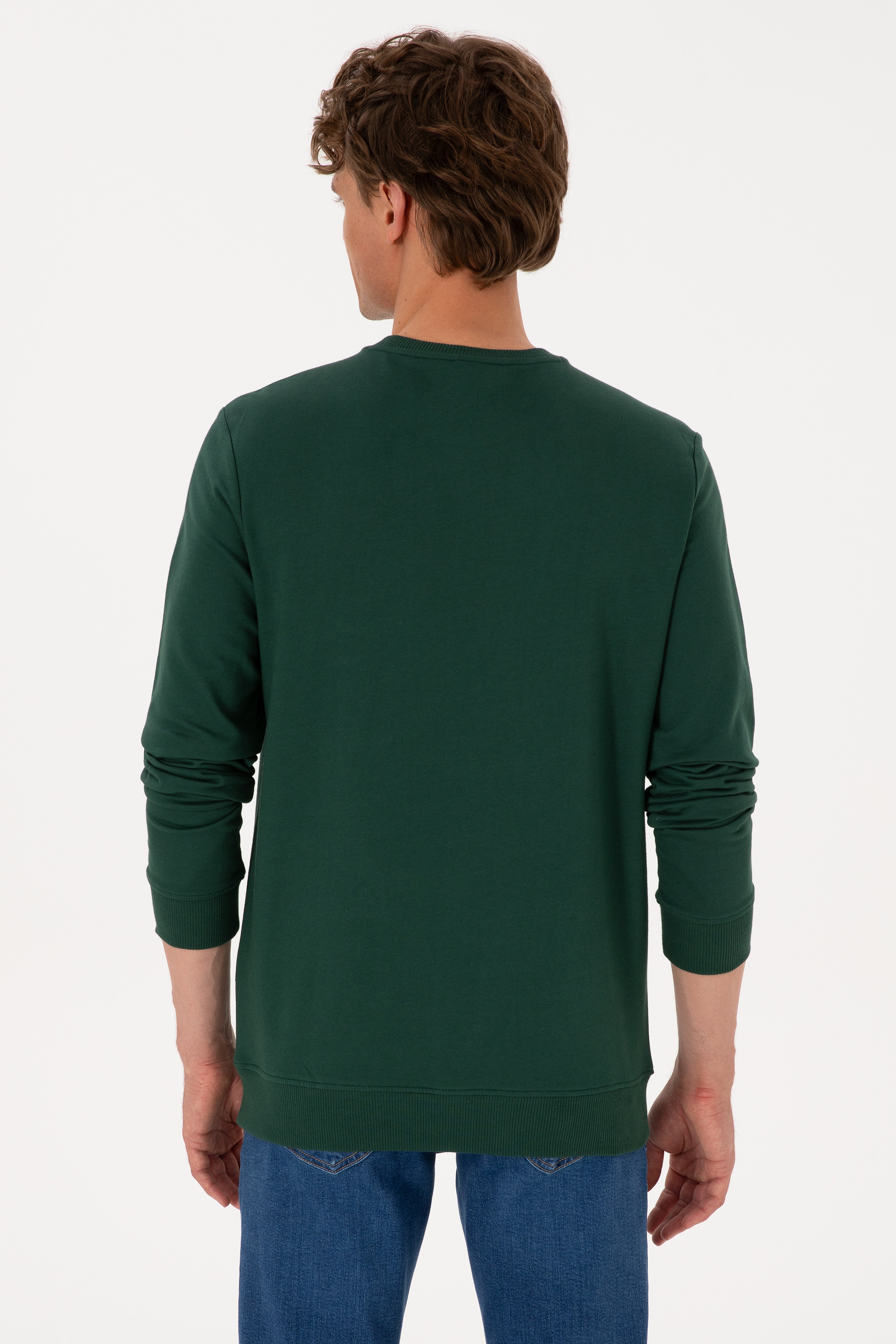 Erkek Bisiklet Yaka Regular Fit Koyu Yeşil İnce Sweatshirt - Image 5