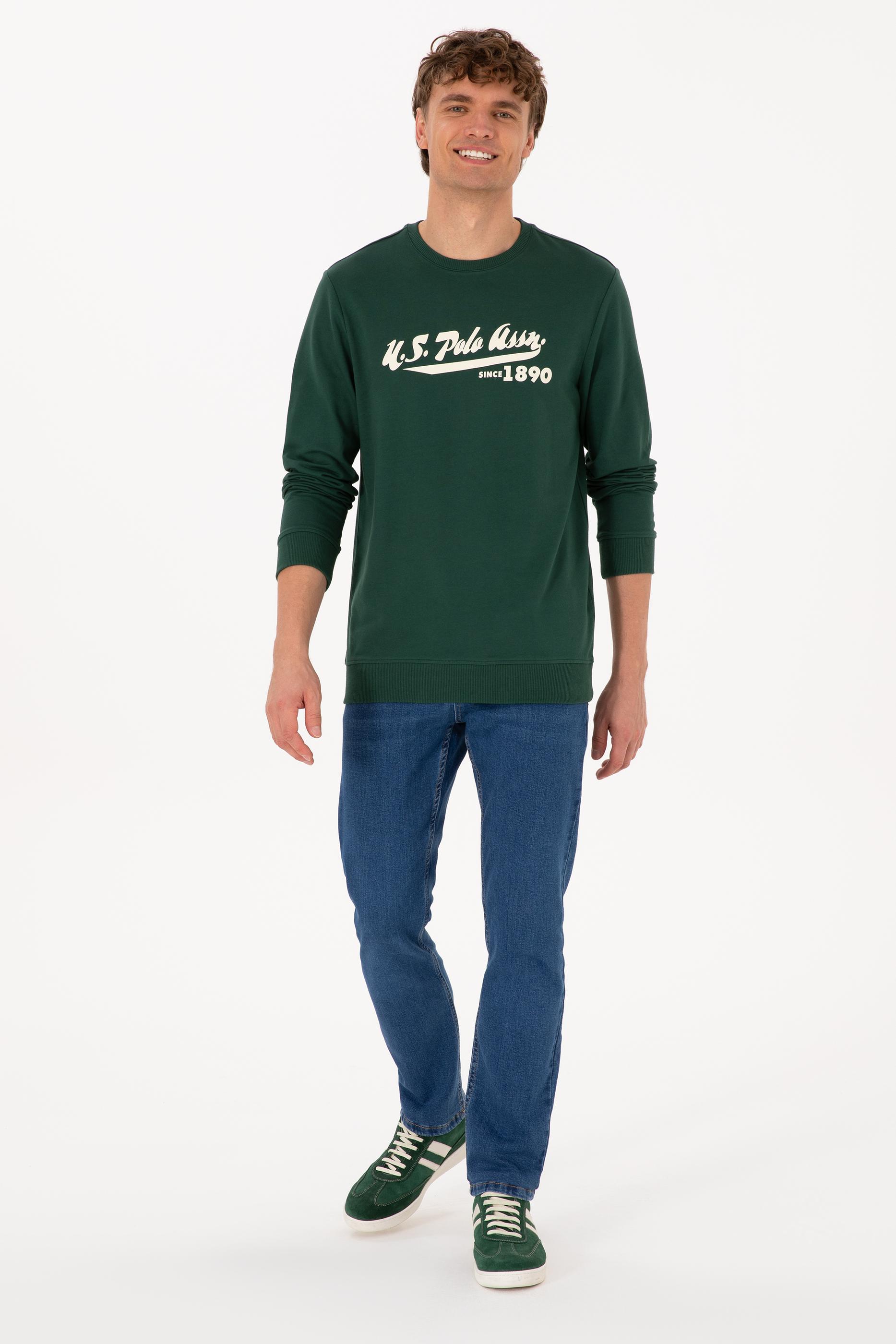 Erkek Bisiklet Yaka Regular Fit Koyu Yeşil İnce Sweatshirt