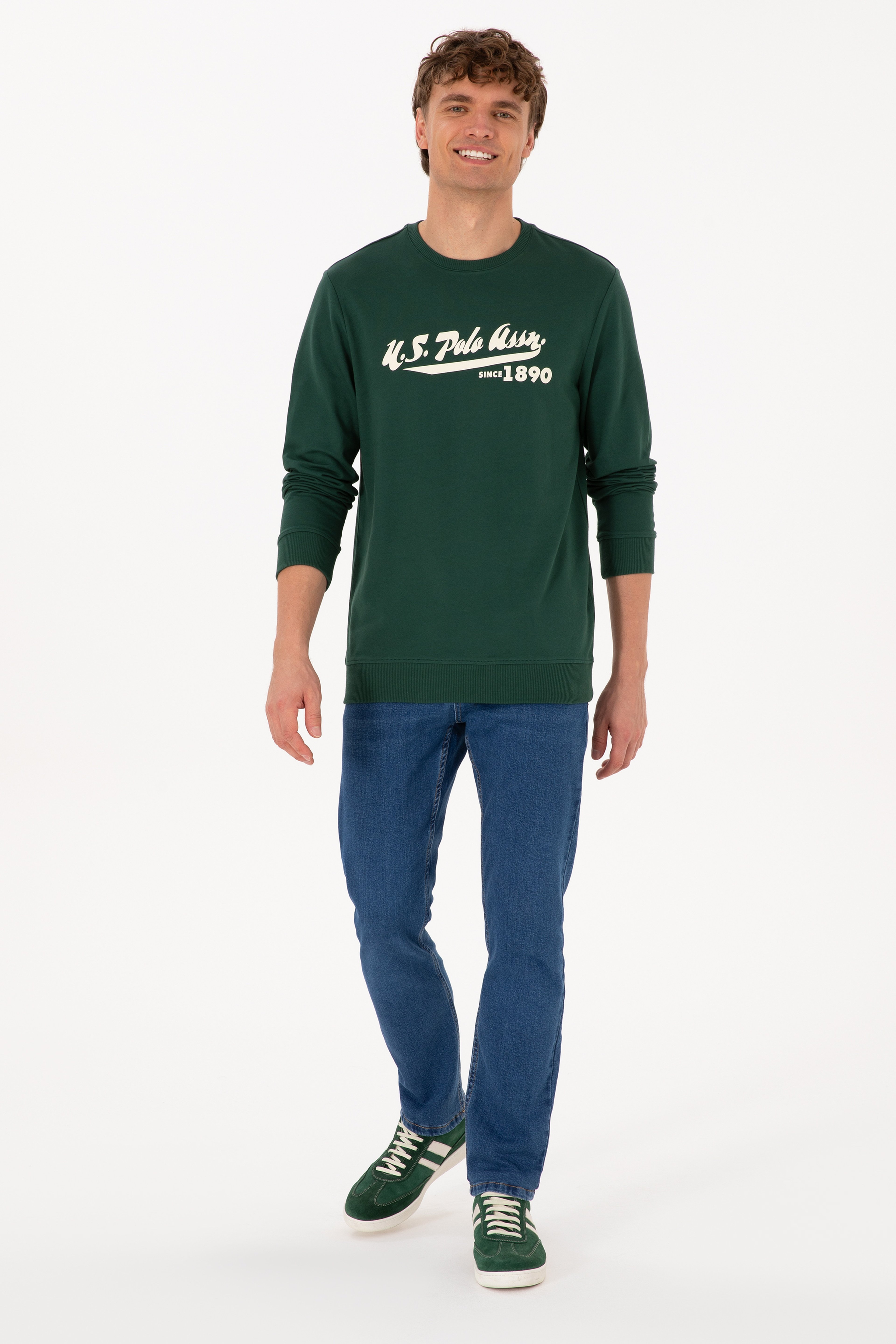 Erkek Bisiklet Yaka Regular Fit Koyu Yeşil İnce Sweatshirt
