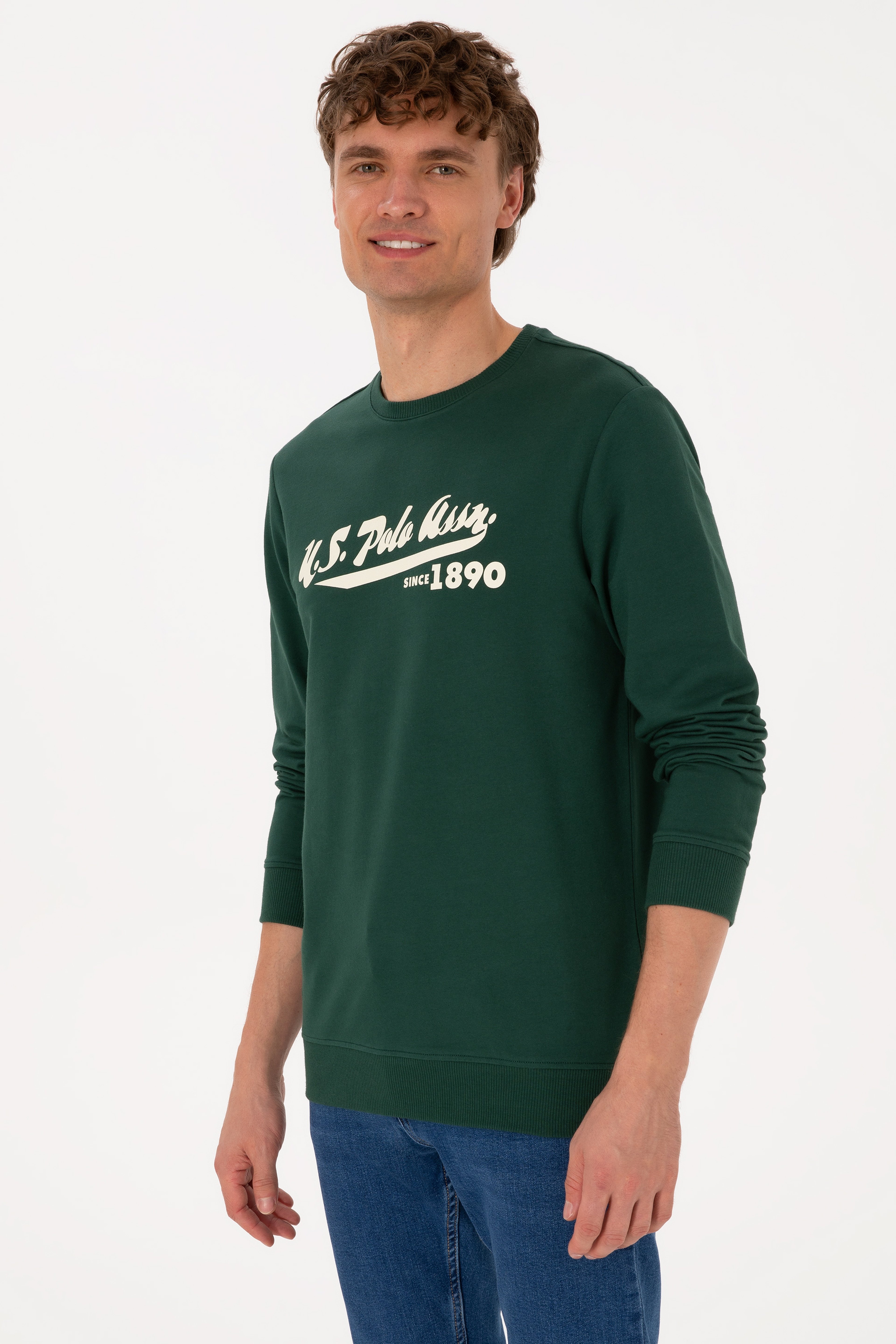 Erkek Bisiklet Yaka Regular Fit Koyu Yeşil İnce Sweatshirt