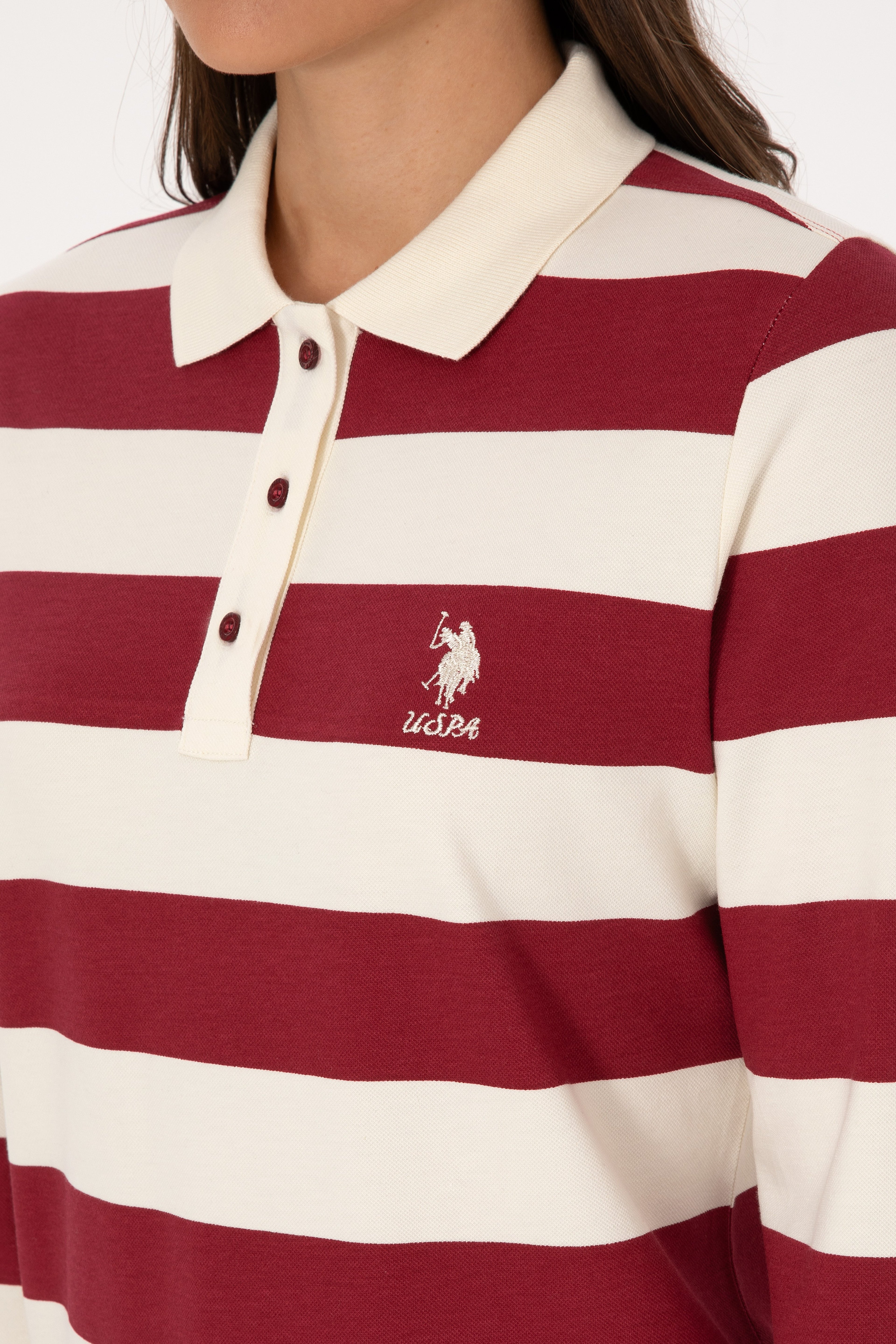 Kadın Koyu Frambuaz Çizgili Polo Yaka Sweatshirt - Image 7