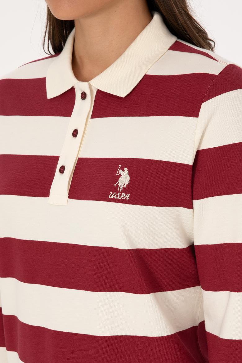 Kadın Koyu Frambuaz Çizgili Polo Yaka Sweatshirt - 50314207014