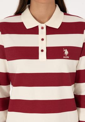 Kadın Koyu Frambuaz Çizgili Polo Yaka Sweatshirt - 50314207014