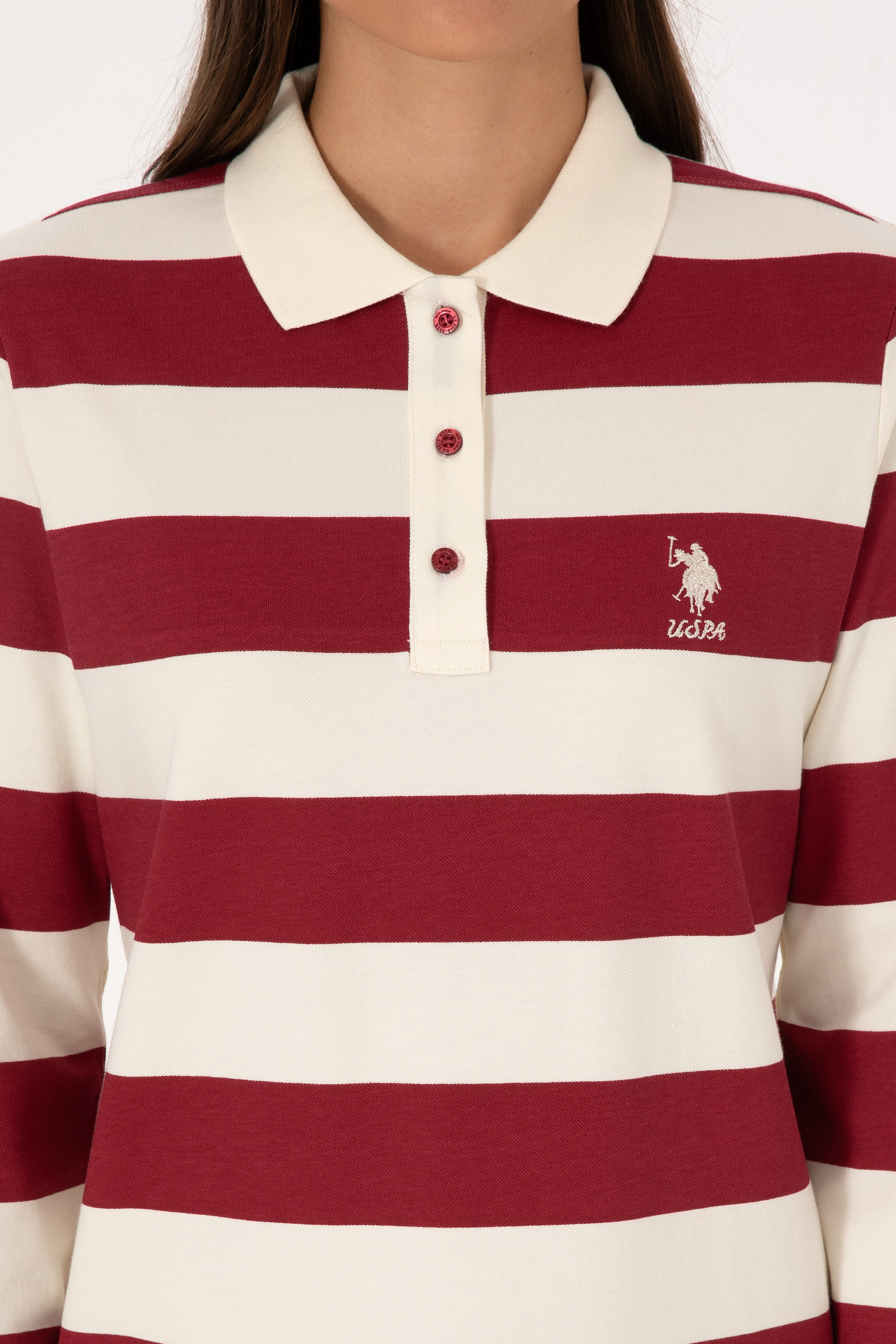 Kadın Koyu Frambuaz Çizgili Polo Yaka Sweatshirt