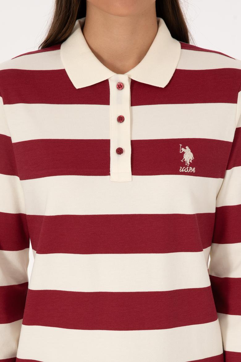 Kadın Koyu Frambuaz Çizgili Polo Yaka Sweatshirt - 50314207014