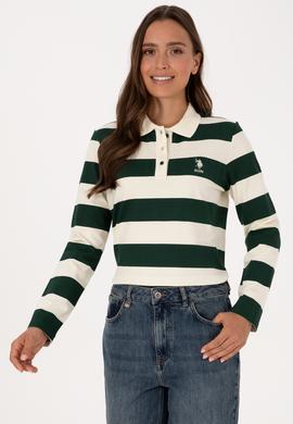 Kadın Koyu Yeşil Çizgili Polo Yaka Sweatshirt - 50314207022