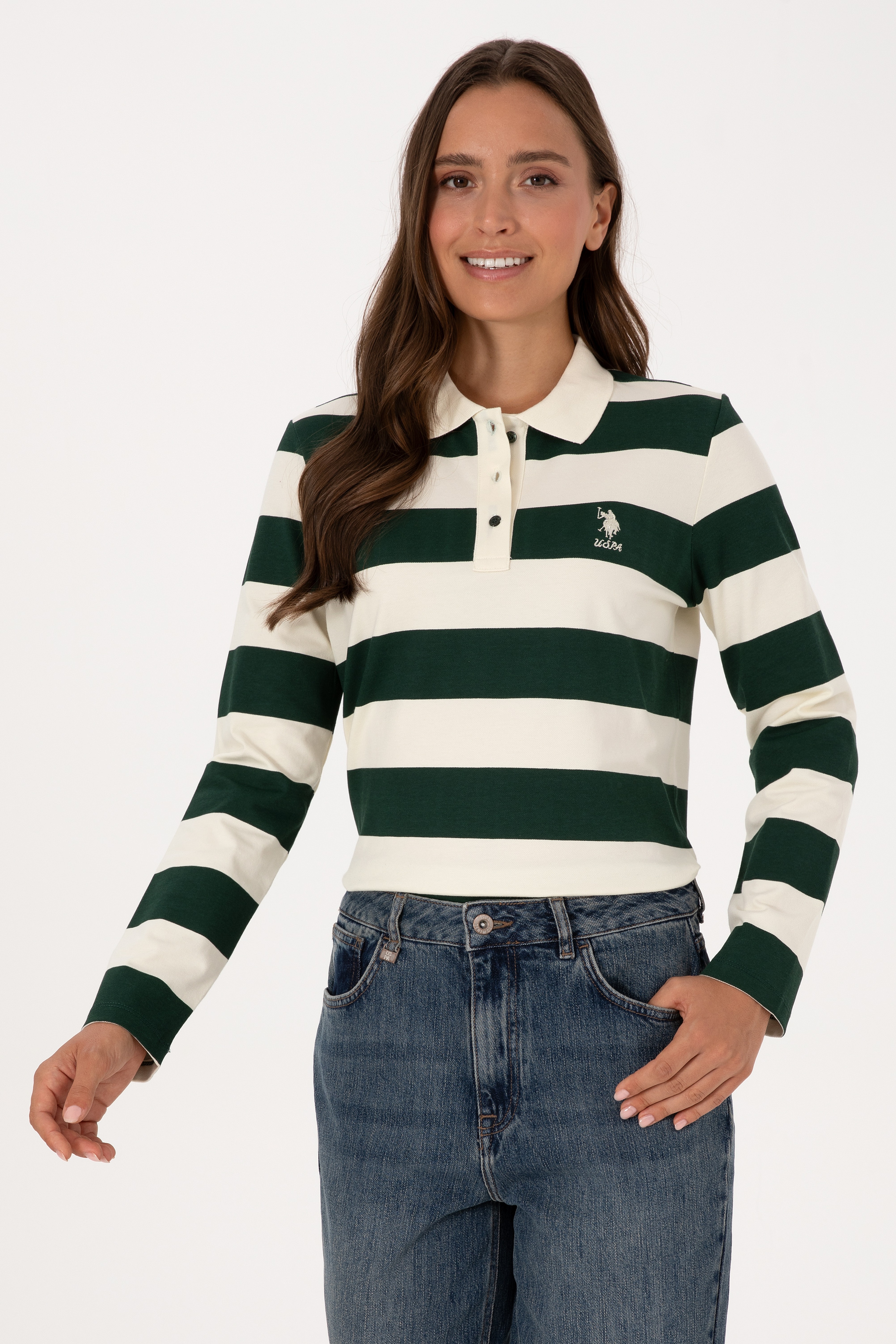 Kadın Koyu Yeşil Çizgili Polo Yaka Sweatshirt