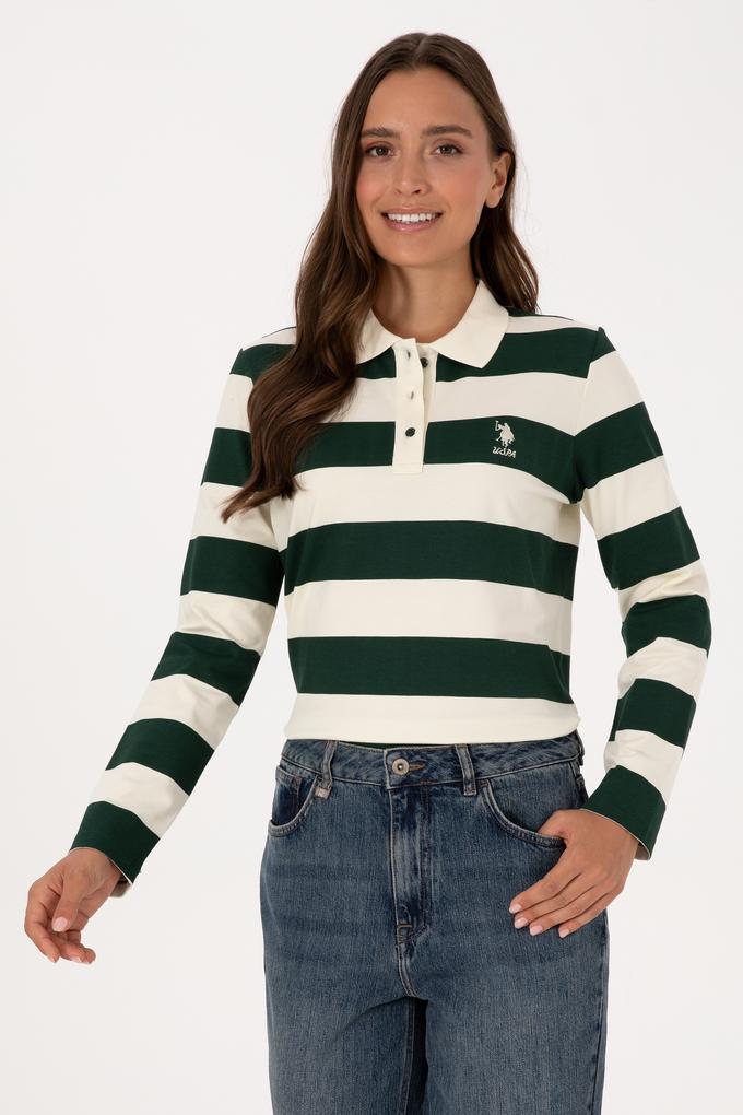 Kadın Koyu Yeşil Çizgili Polo Yaka Sweatshirt