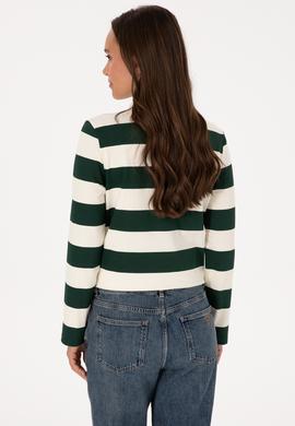 Kadın Koyu Yeşil Çizgili Polo Yaka Sweatshirt - 50314207022