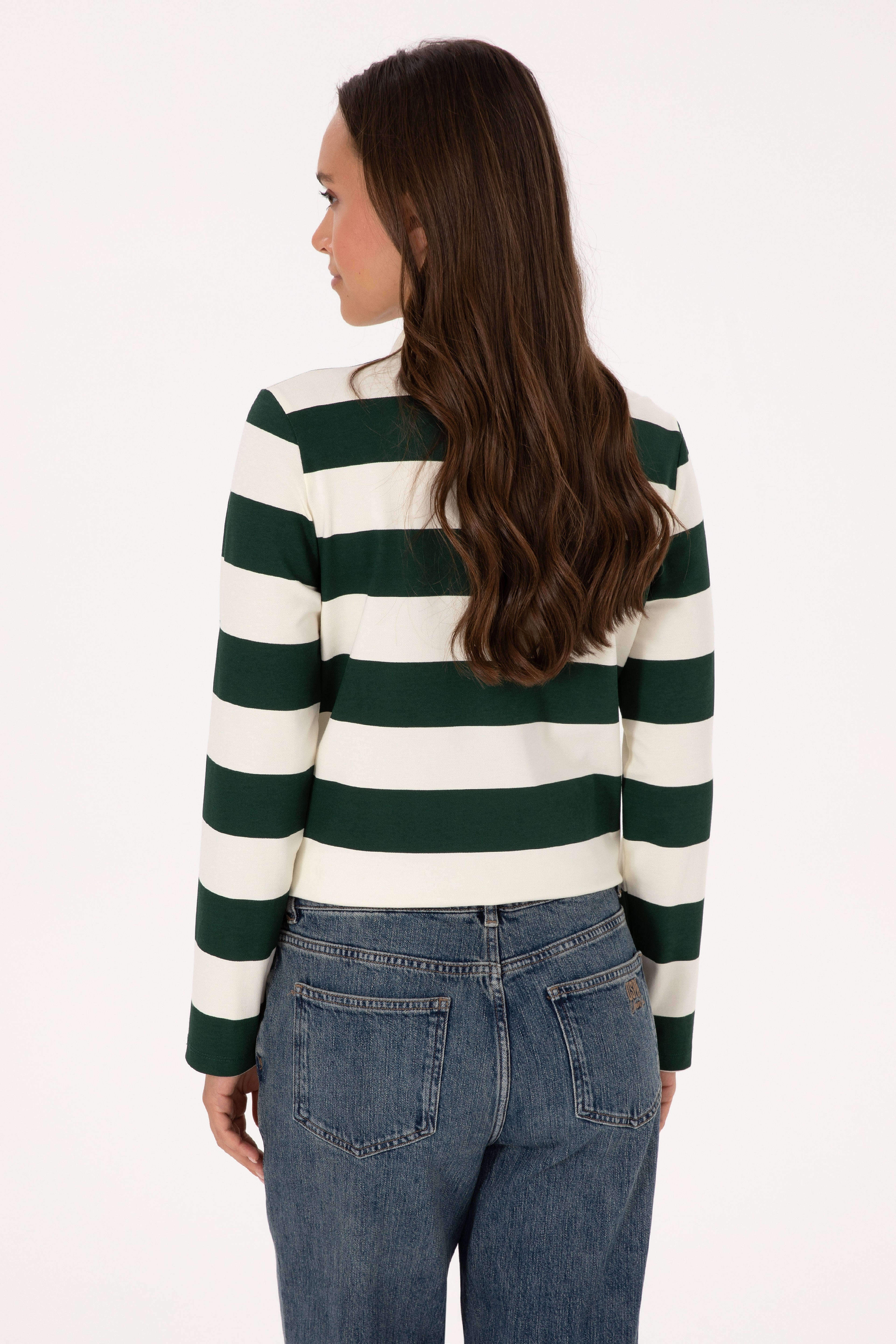 Kadın Koyu Yeşil Çizgili Polo Yaka Sweatshirt - Image 5
