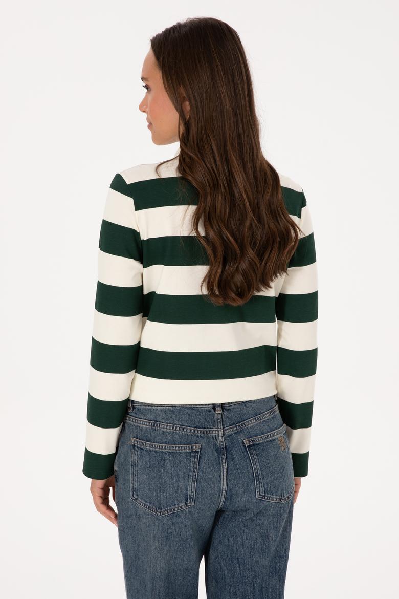 Kadın Koyu Yeşil Çizgili Polo Yaka Sweatshirt - 50314207022