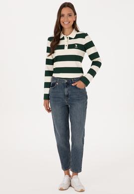 Kadın Koyu Yeşil Çizgili Polo Yaka Sweatshirt - 50314207022