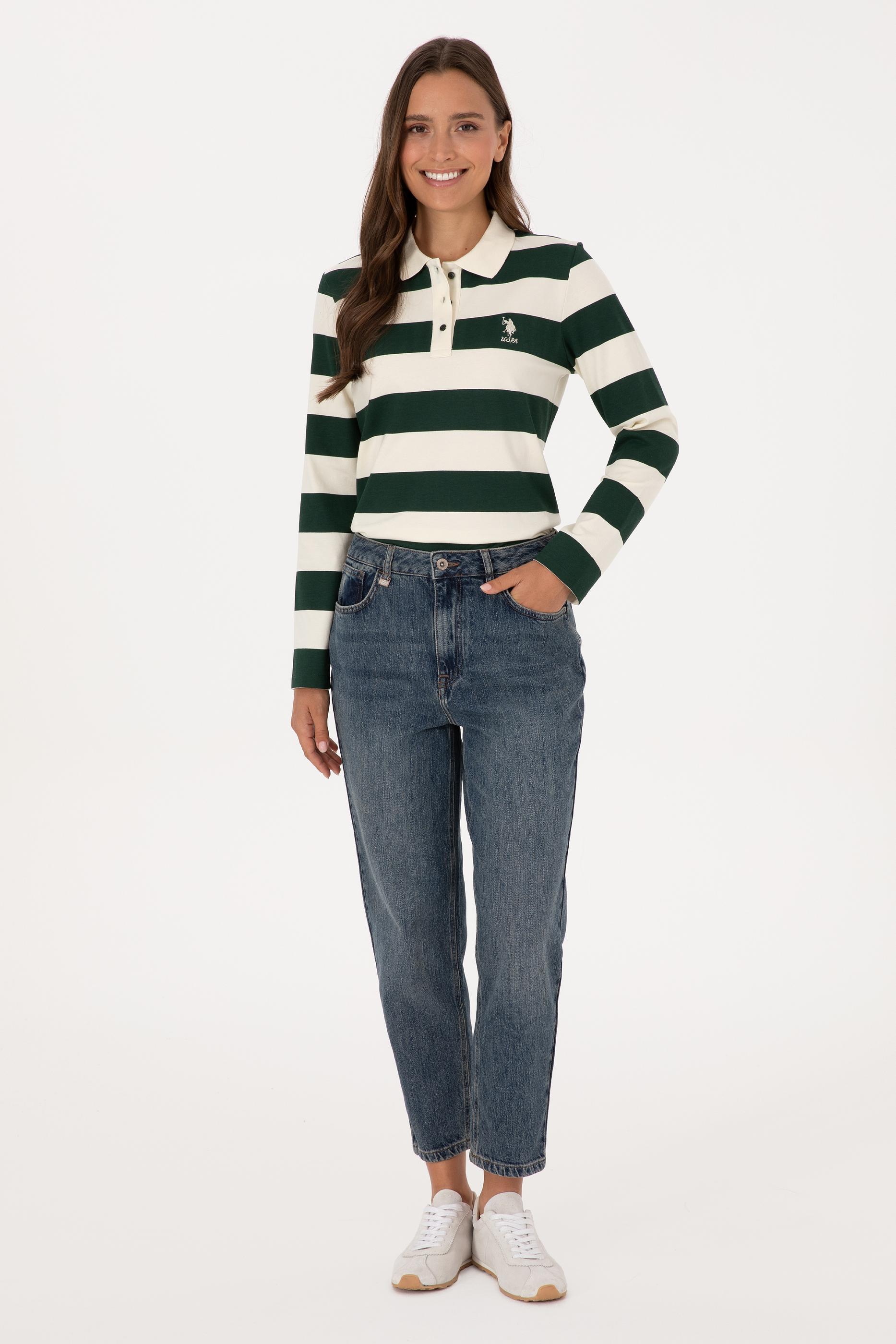 Kadın Koyu Yeşil Çizgili Polo Yaka Sweatshirt