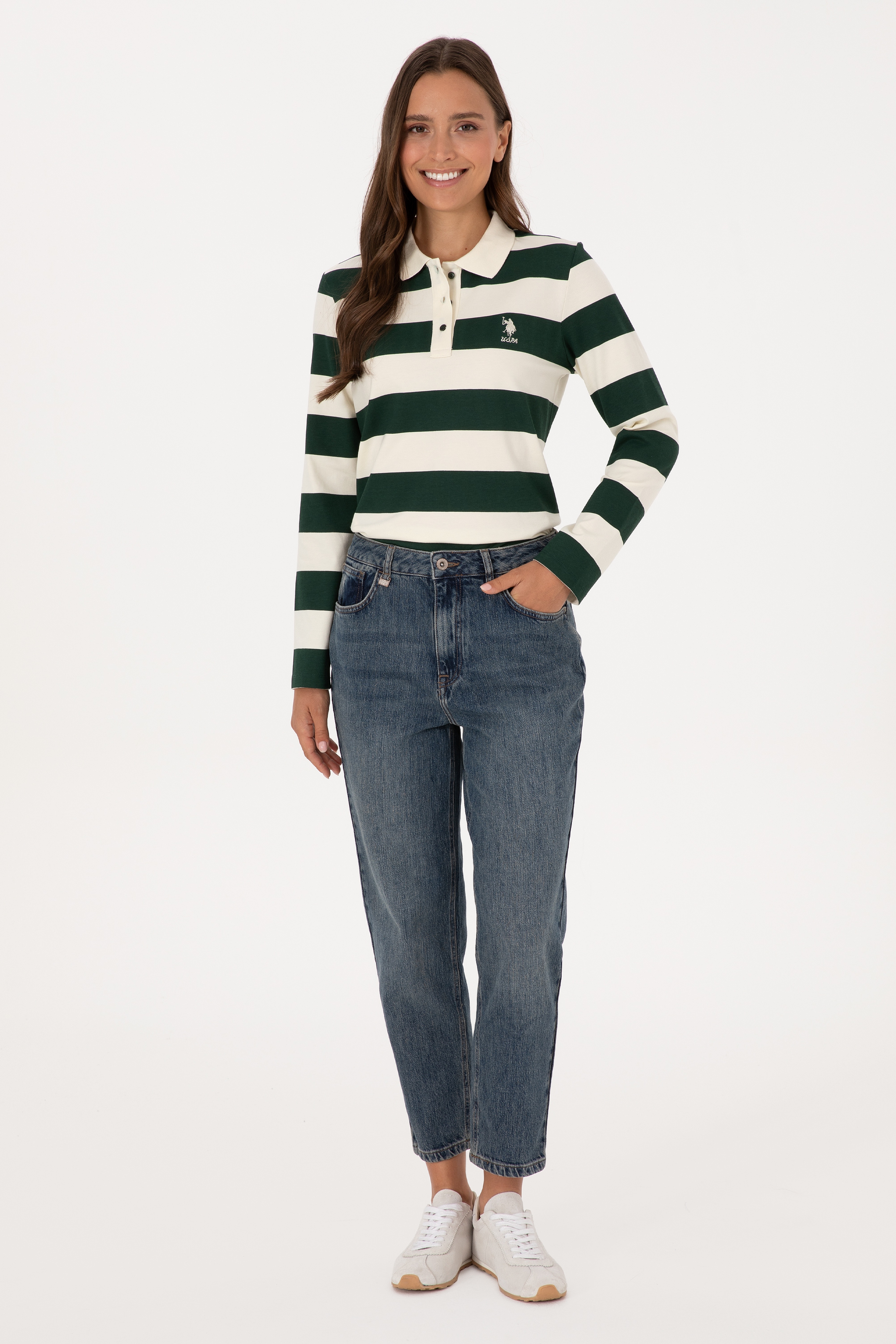 Kadın Koyu Yeşil Çizgili Polo Yaka Sweatshirt