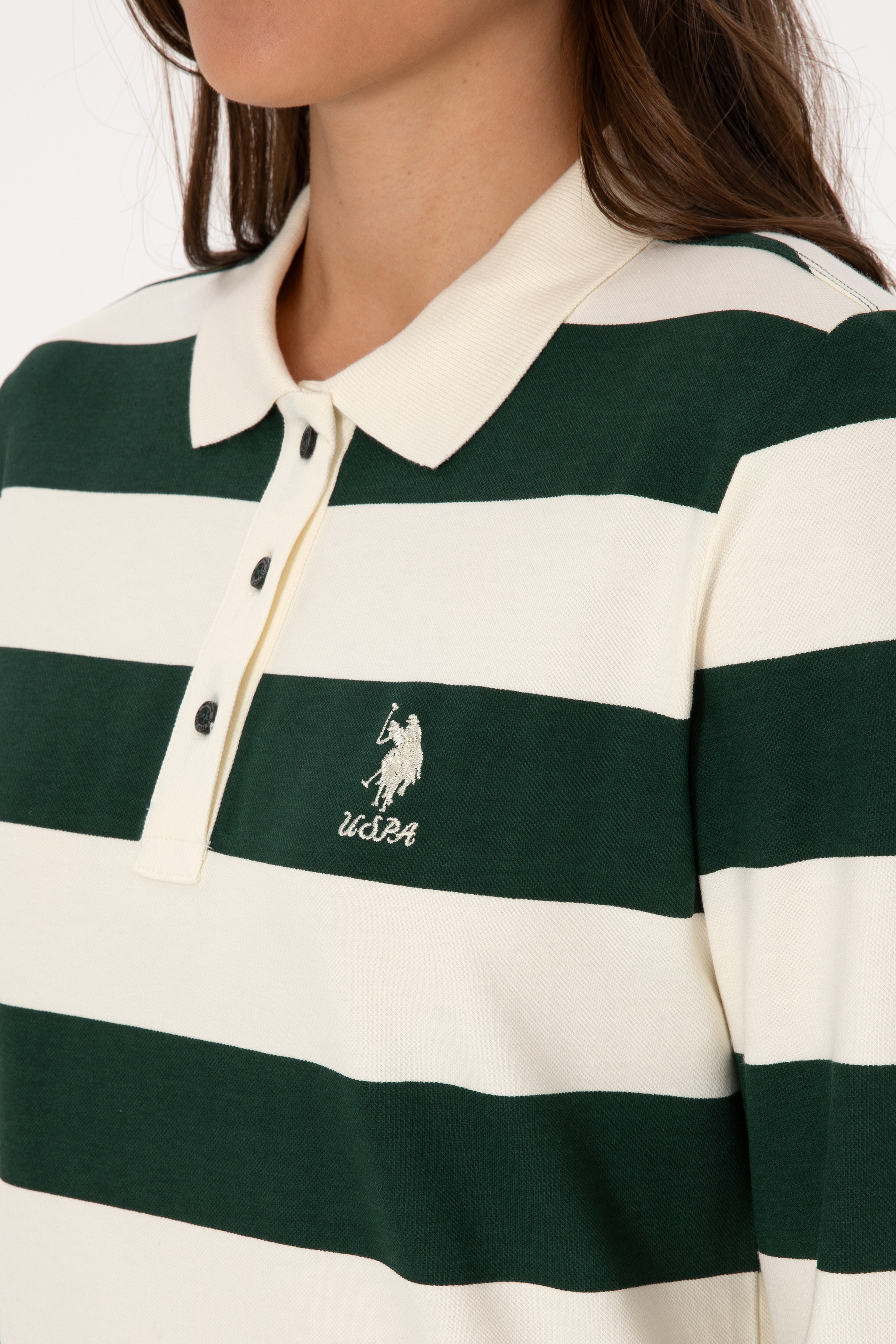 Kadın Koyu Yeşil Çizgili Polo Yaka Sweatshirt - Image 7