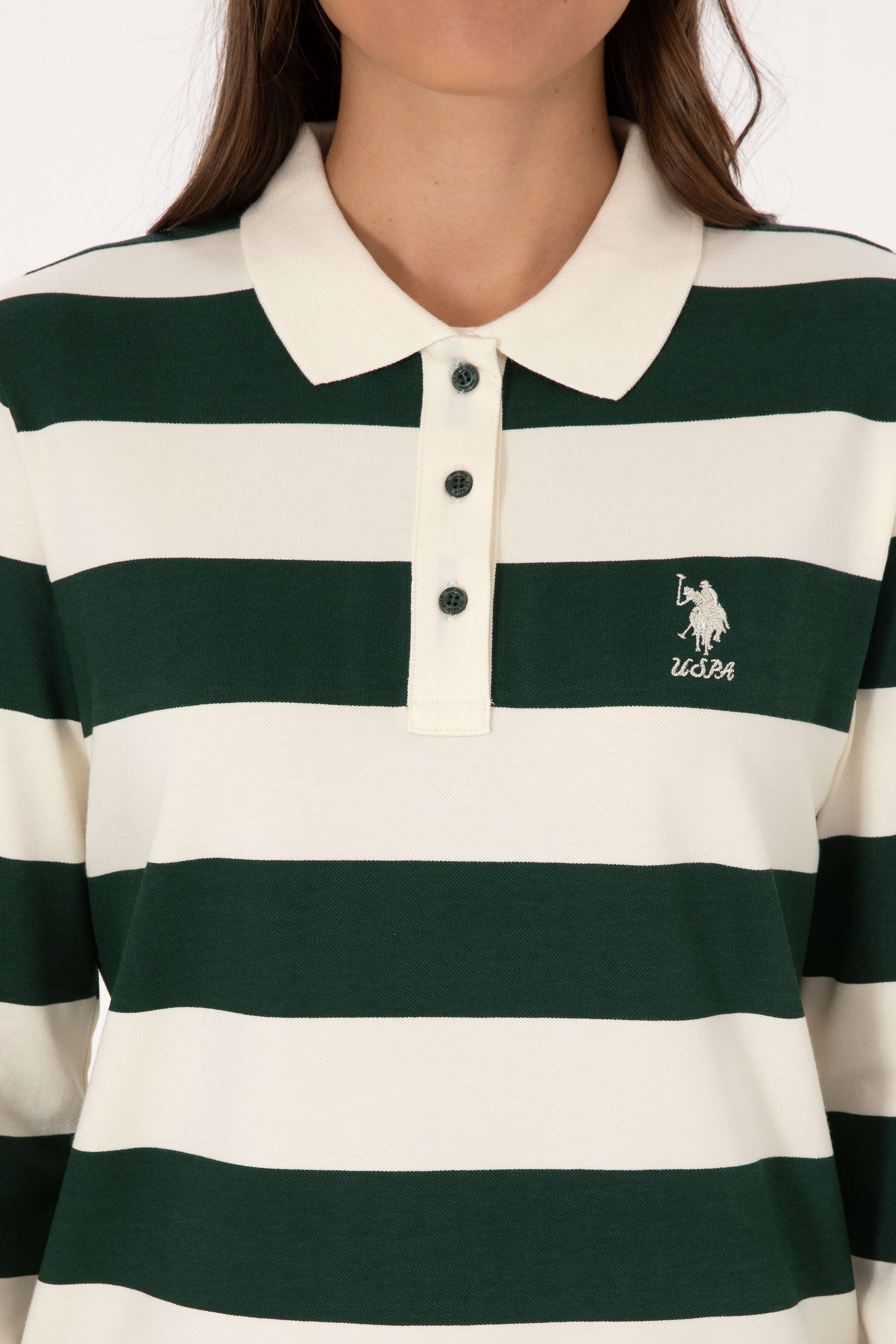 Kadın Koyu Yeşil Çizgili Polo Yaka Sweatshirt