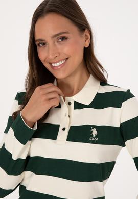 Kadın Koyu Yeşil Çizgili Polo Yaka Sweatshirt - 50314207022