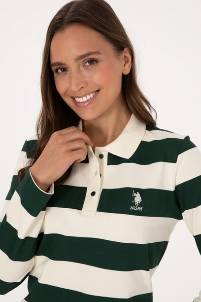 Kadın Koyu Yeşil Çizgili Polo Yaka Sweatshirt