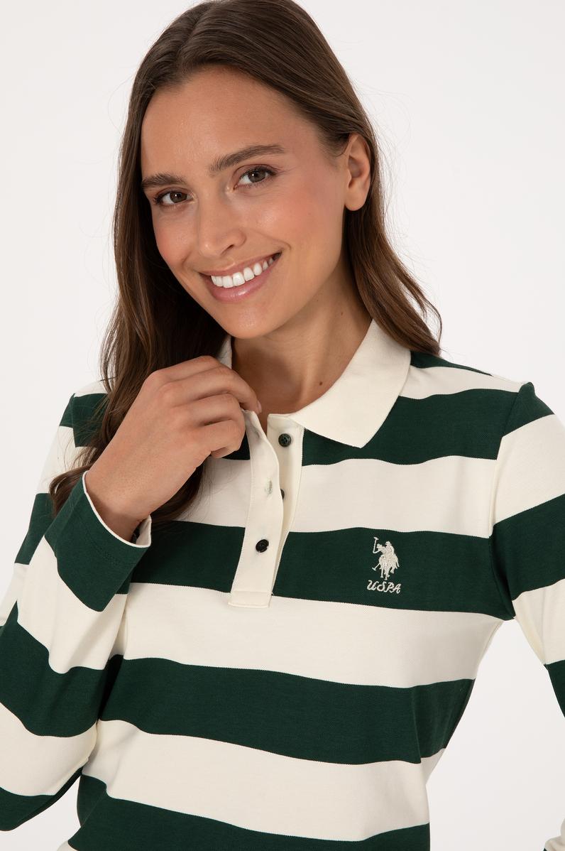 Kadın Koyu Yeşil Çizgili Polo Yaka Sweatshirt