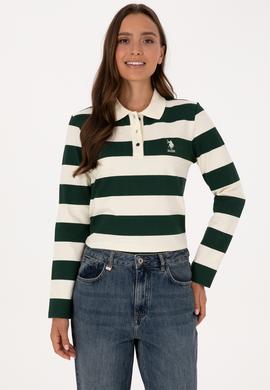 Kadın Koyu Yeşil Çizgili Polo Yaka Sweatshirt - 50314207022