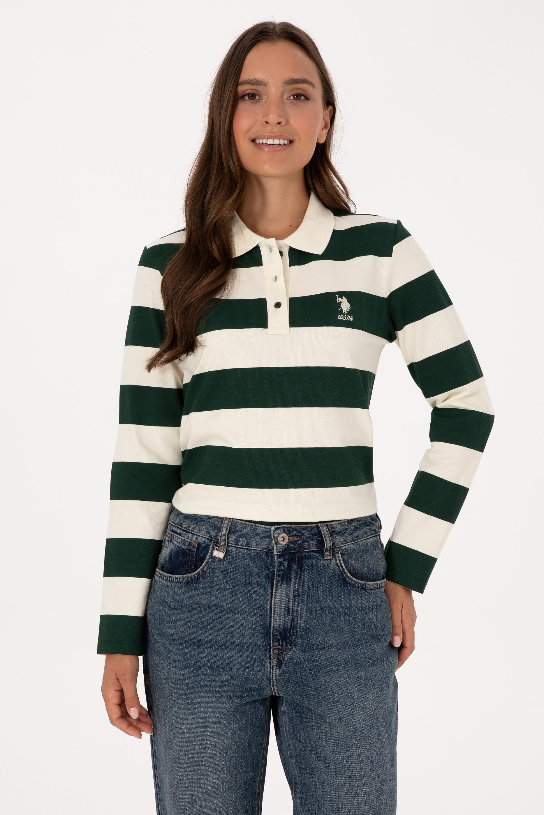 Kadın Koyu Yeşil Çizgili Polo Yaka Sweatshirt