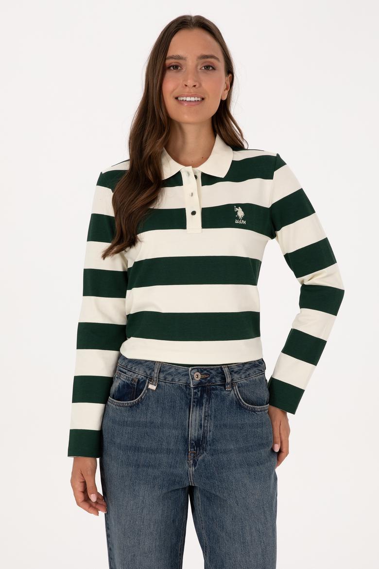 Kadın Koyu Yeşil Çizgili Polo Yaka Sweatshirt - 50314207022