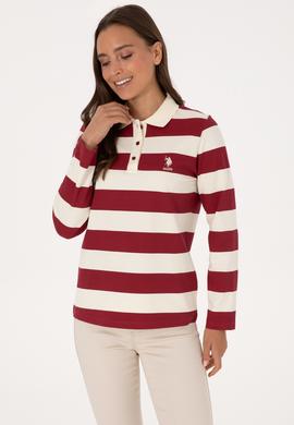 Kadın Koyu Frambuaz Çizgili Polo Yaka Sweatshirt - 50314207014