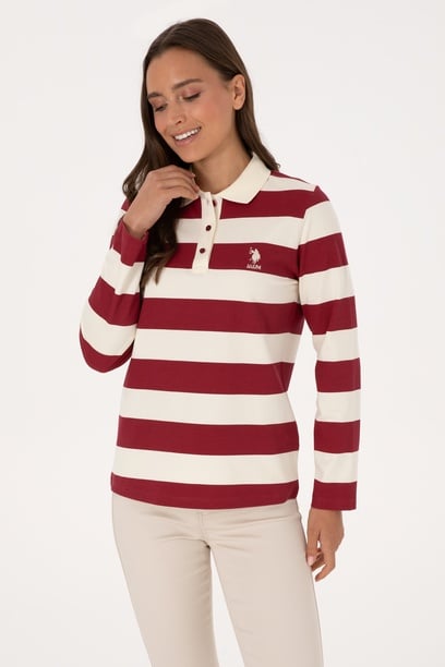Kadın Koyu Frambuaz Çizgili Polo Yaka Sweatshirt