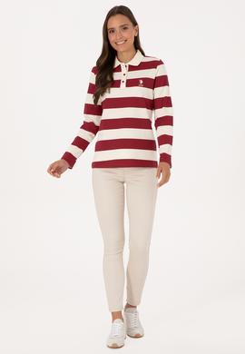 Kadın Koyu Frambuaz Çizgili Polo Yaka Sweatshirt - 50314207014