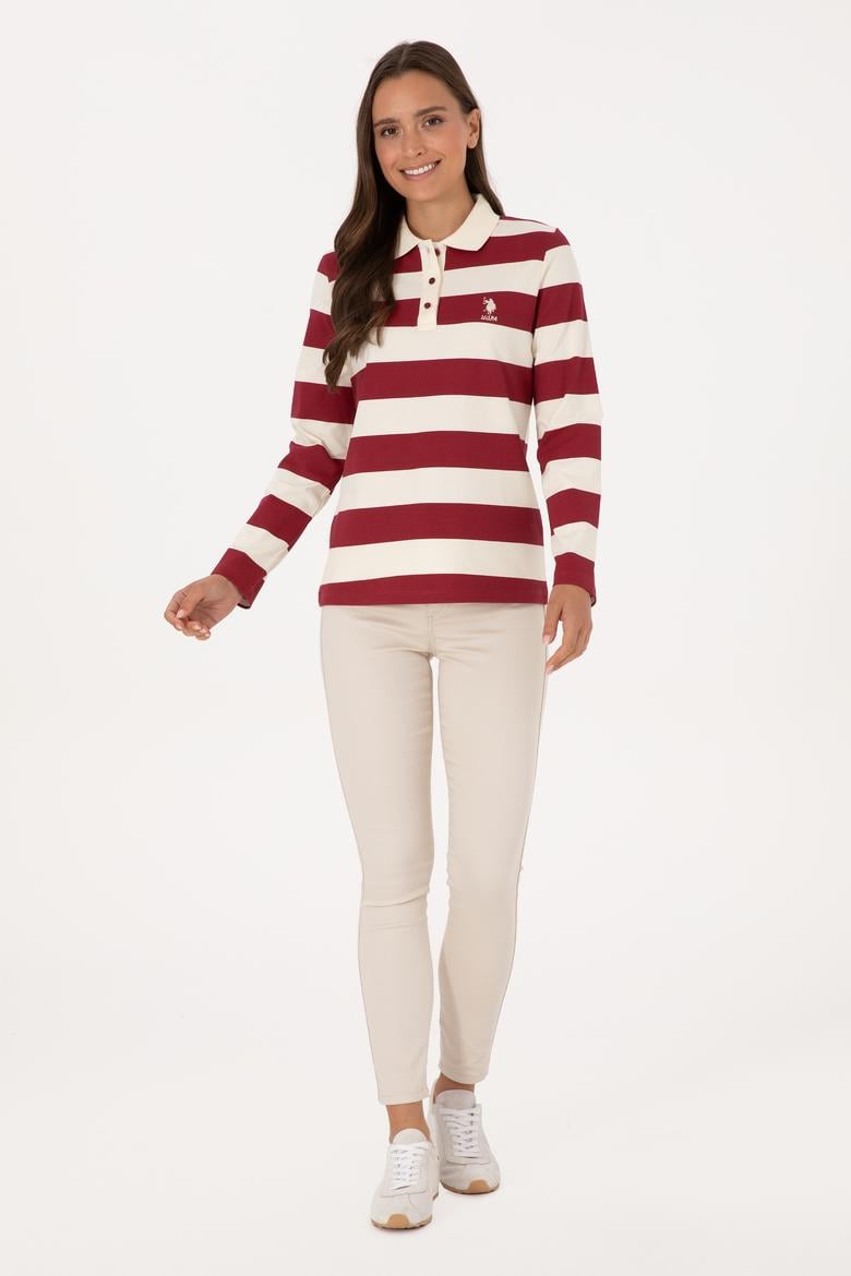 Kadın Koyu Frambuaz Çizgili Polo Yaka Sweatshirt - 50314207014