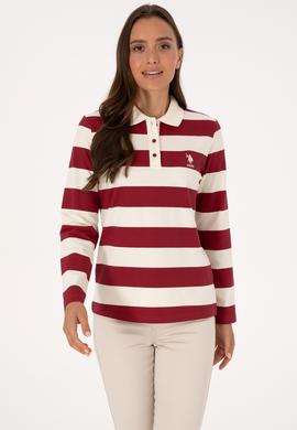 Kadın Koyu Frambuaz Çizgili Polo Yaka Sweatshirt - 50314207014