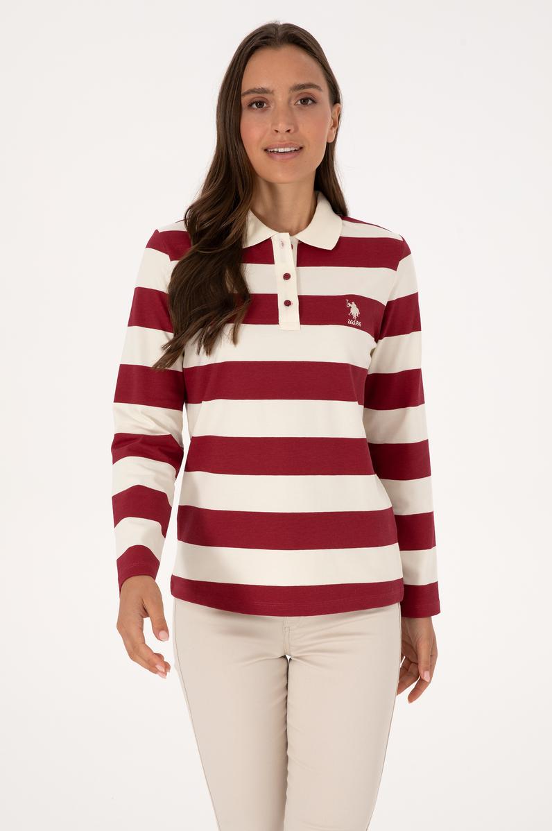 Kadın Koyu Frambuaz Çizgili Polo Yaka Sweatshirt