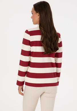 Kadın Koyu Frambuaz Çizgili Polo Yaka Sweatshirt - 50314207014