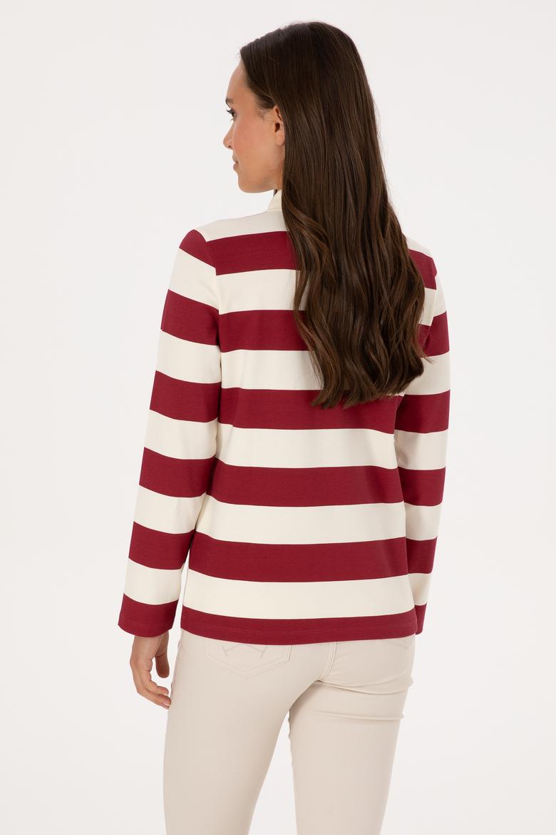 Kadın Koyu Frambuaz Çizgili Polo Yaka Sweatshirt - 50314207014