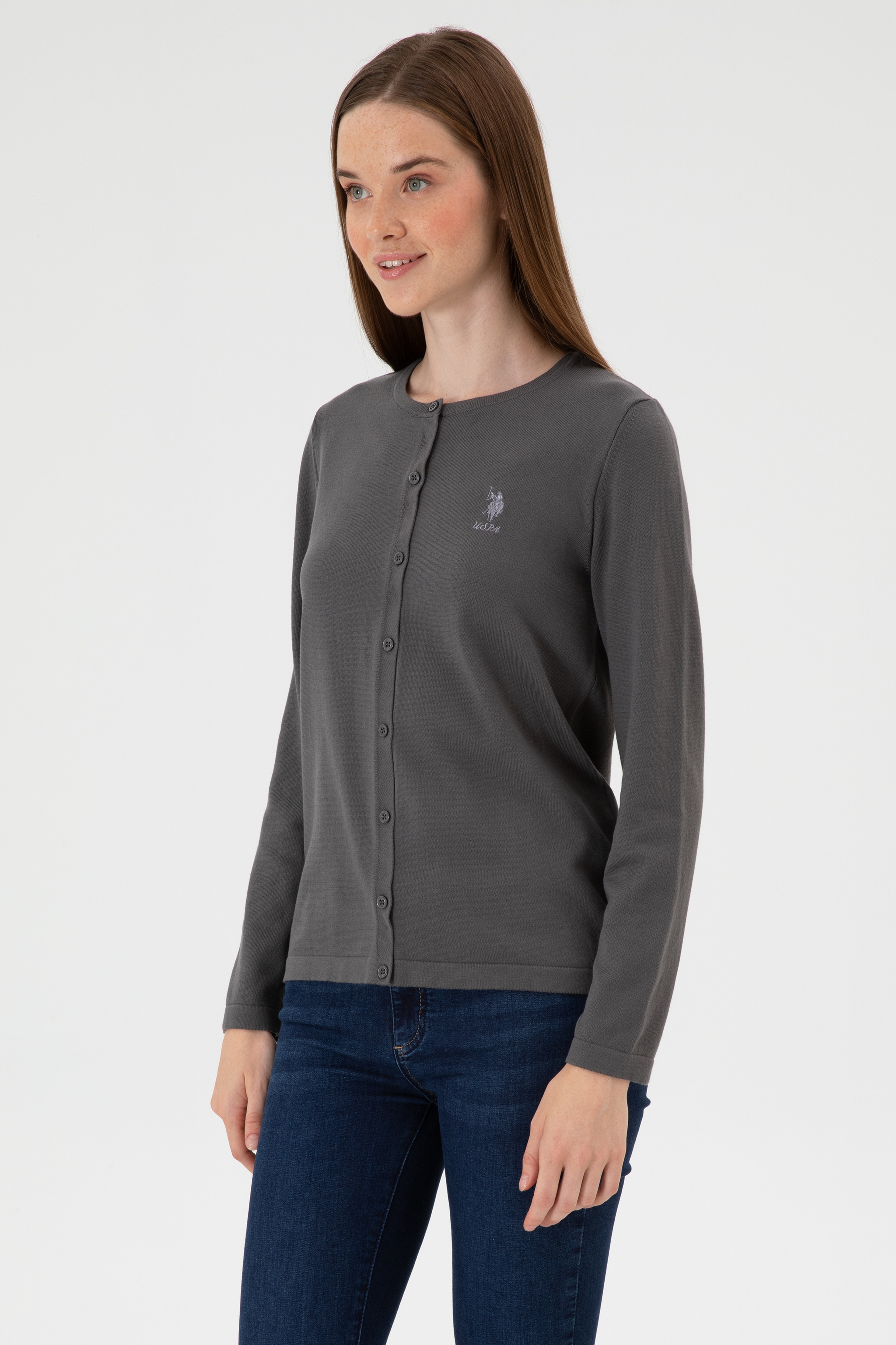 Kadın Gri Basic Triko Hırka - Image 3