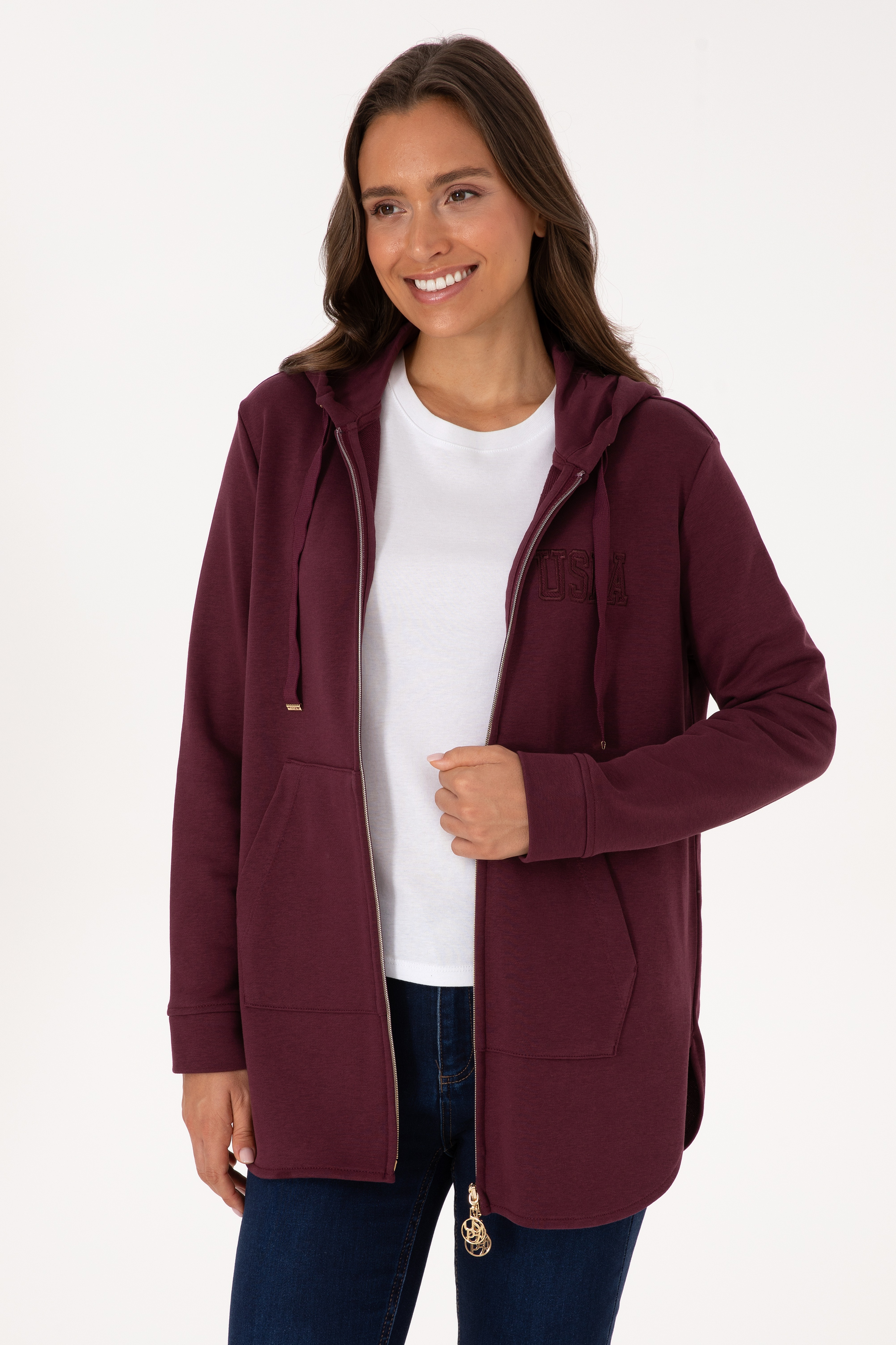 Kadın Bordo Fermuarlı Kapüşonlu Sweatshırt - Image 1