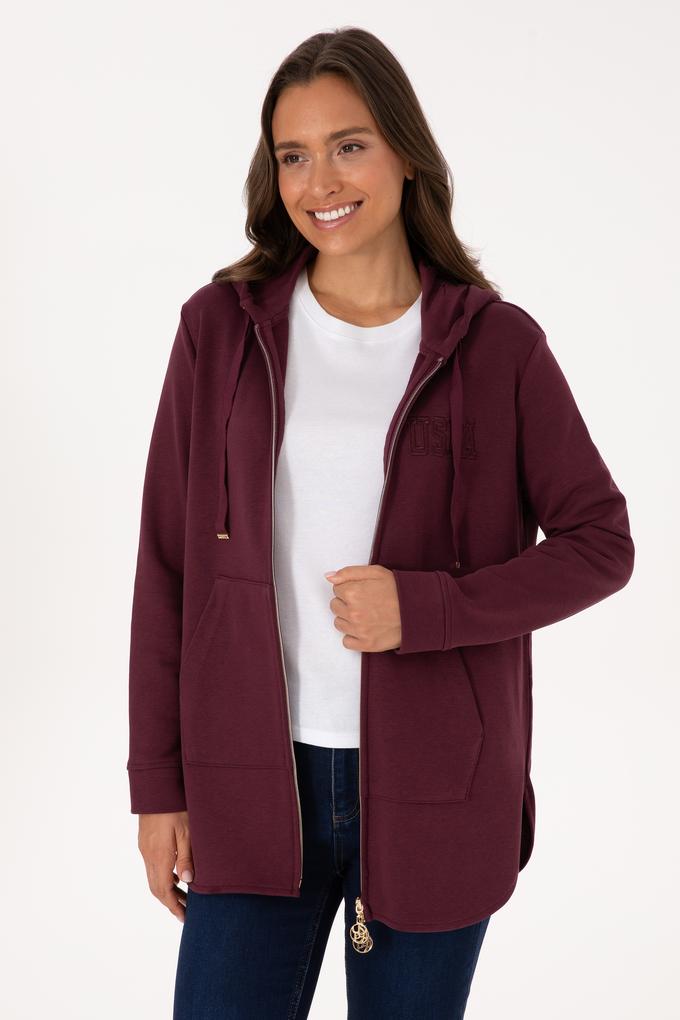 Kadın Bordo Fermuarlı Kapüşonlu Sweatshırt