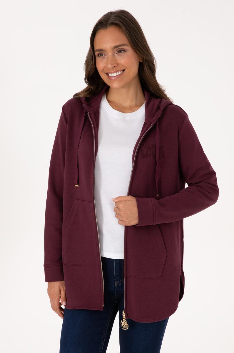 Kadın Bordo Fermuarlı Kapüşonlu Sweatshırt