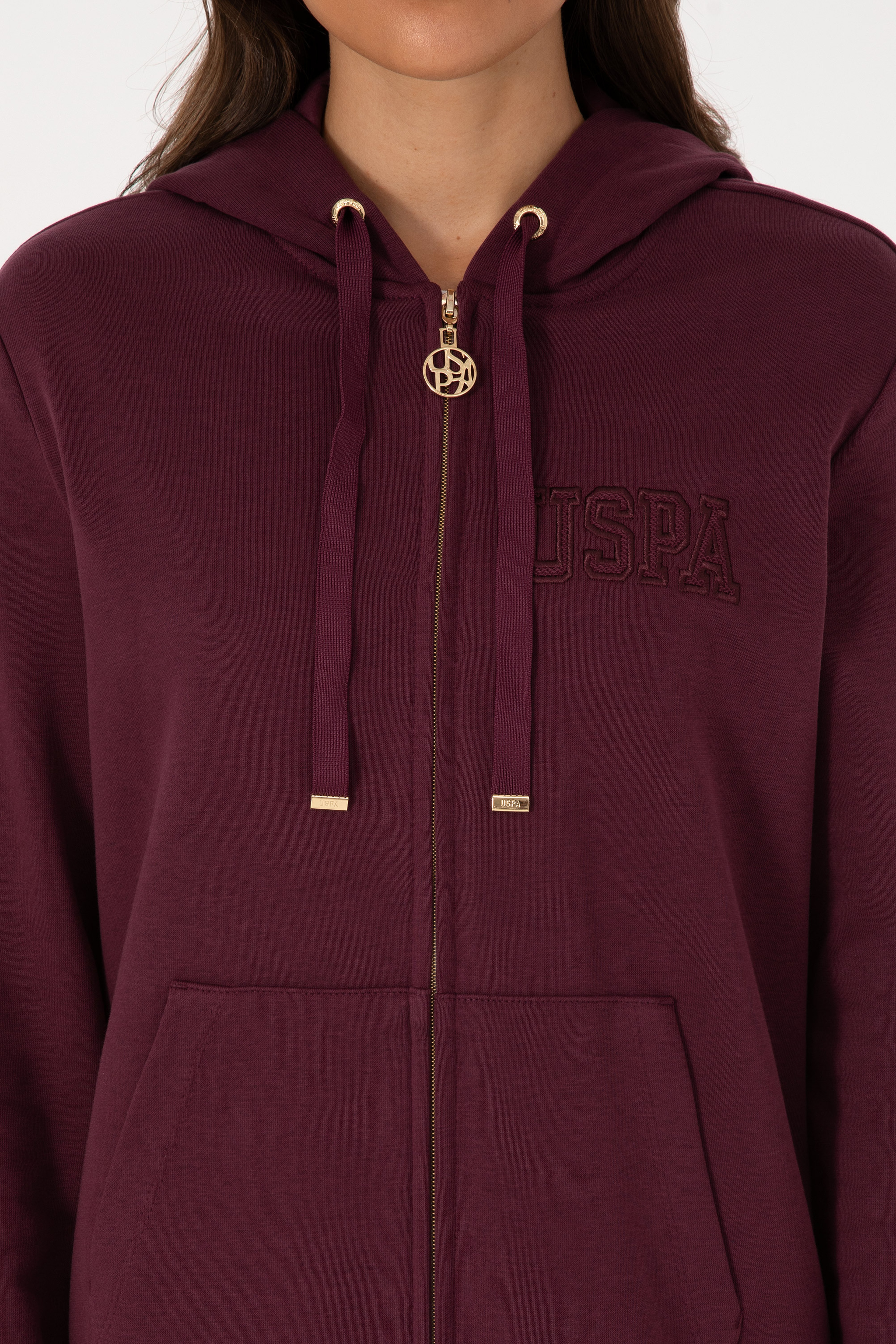 Kadın Bordo Fermuarlı Kapüşonlu Sweatshırt - Image 6