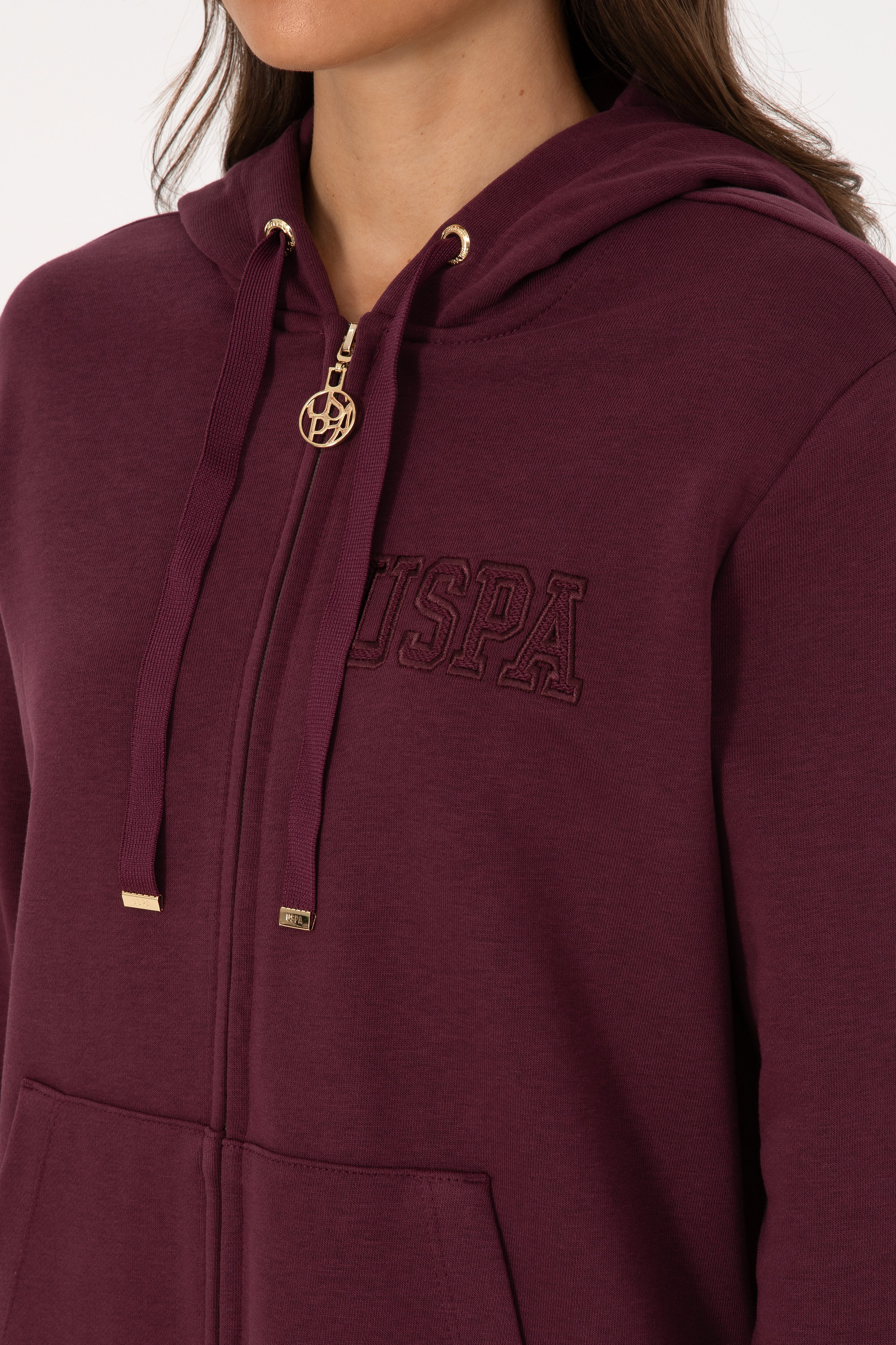 Kadın Bordo Fermuarlı Kapüşonlu Sweatshırt